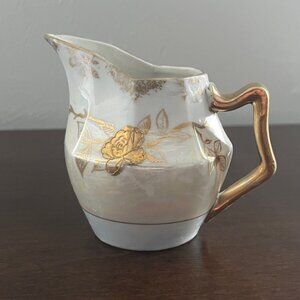 Vintage Creamer Pitcher Floral White Gold Japan